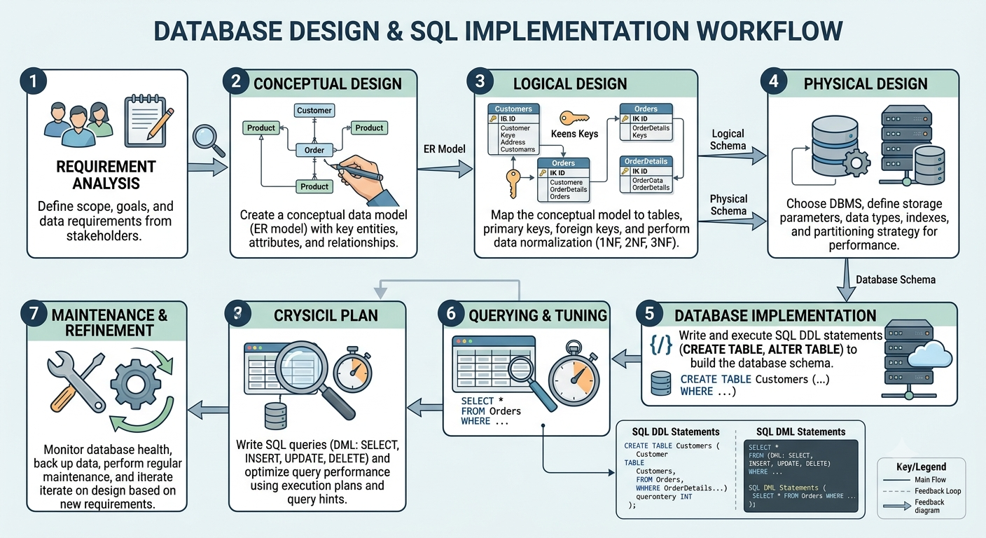 Database design and SQL workflow showing data modelling, relational schema design, SQL development, testing, optimization, and application integration