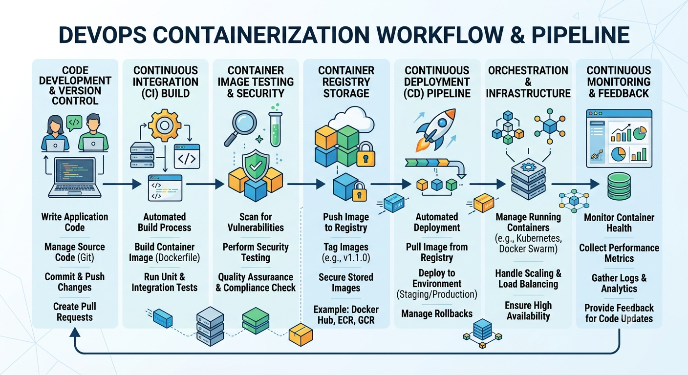 DevOps and containerization workflow showing application development, containerization, CI/CD automation, infrastructure, deployment, and operations