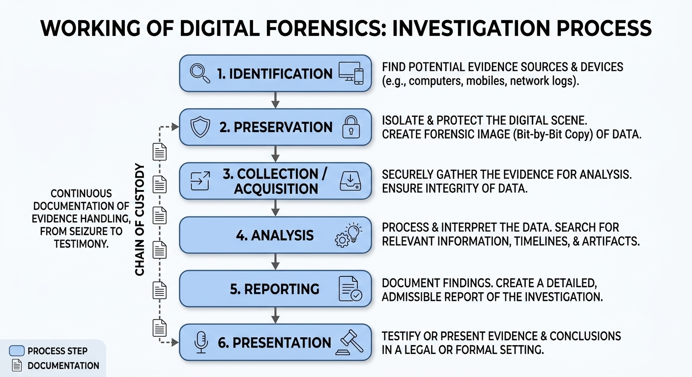 Digital forensics investigation process showing six stages: identification of potential evidence sources, preservation of the digital scene, collection and acquisition of evidence, forensic analysis, reporting of findings, and presentation of evidence and conclusions, with continuous chain-of-custody documentation