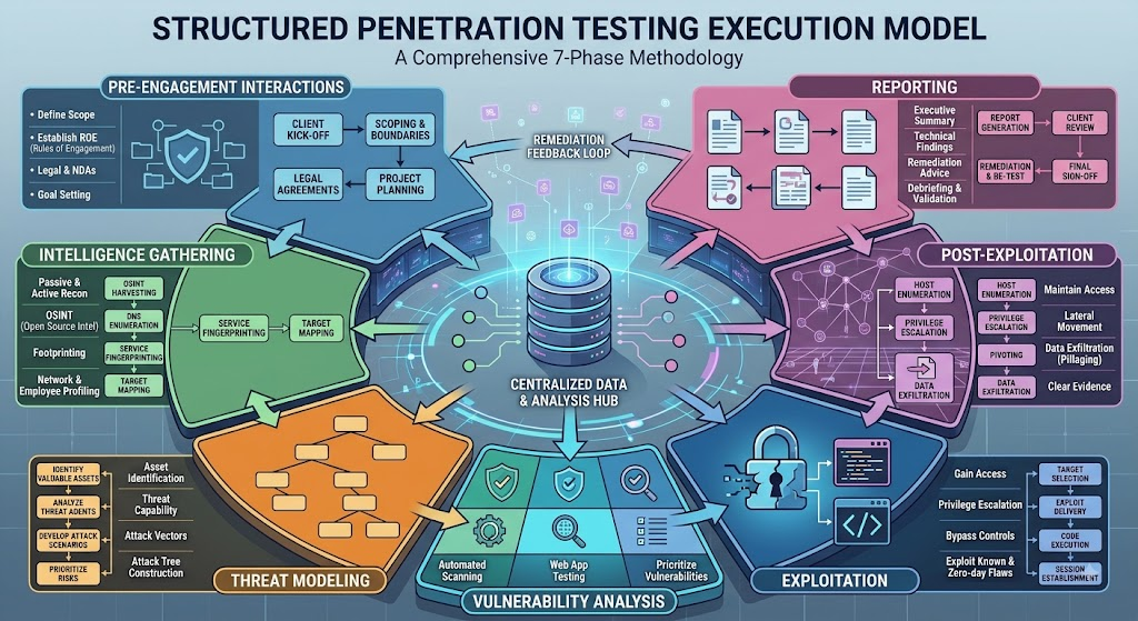 Seven-phase penetration testing execution model covering pre-engagement, intelligence gathering, threat modeling, vulnerability analysis, exploitation, post-exploitation, and reporting