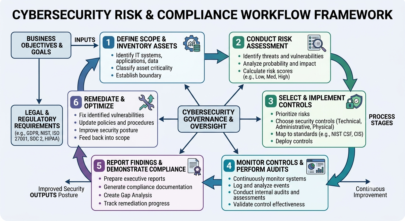 Cybersecurity risk and compliance workflow showing the relationship between governance, risk identification, framework and control mapping, gap analysis, remediation, audit evidence, and governance reporting