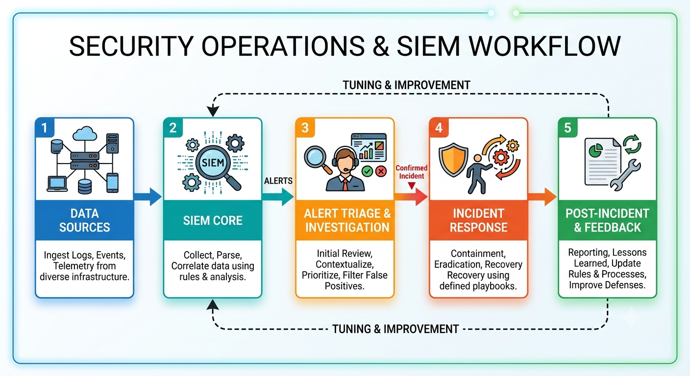 Security Operations and SIEM workflow showing security log collection, event normalization, monitoring, detection and correlation, alert investigation, incident response, security reporting and continuous security operations