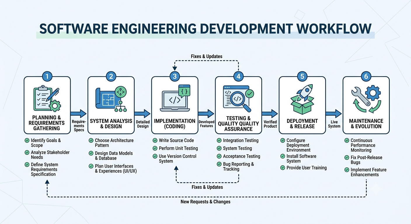 Software engineering lifecycle showing requirements analysis, system design, software development, testing, deployment, and maintenance