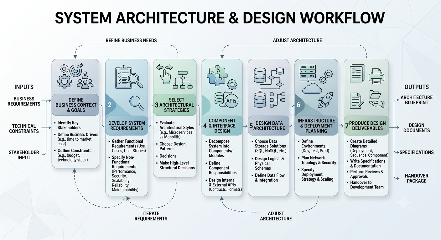 System architecture and design diagram showing the relationship between requirements, system components, data, interfaces, infrastructure, and deployment